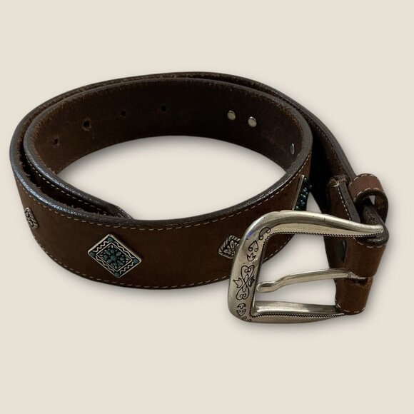 Brighton Brown Leather Belt Faux Turquoise Silver Accents & Buckle Size 30 Mediu main image 5